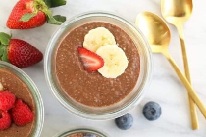 Chia protein pudding in a cup with toppings