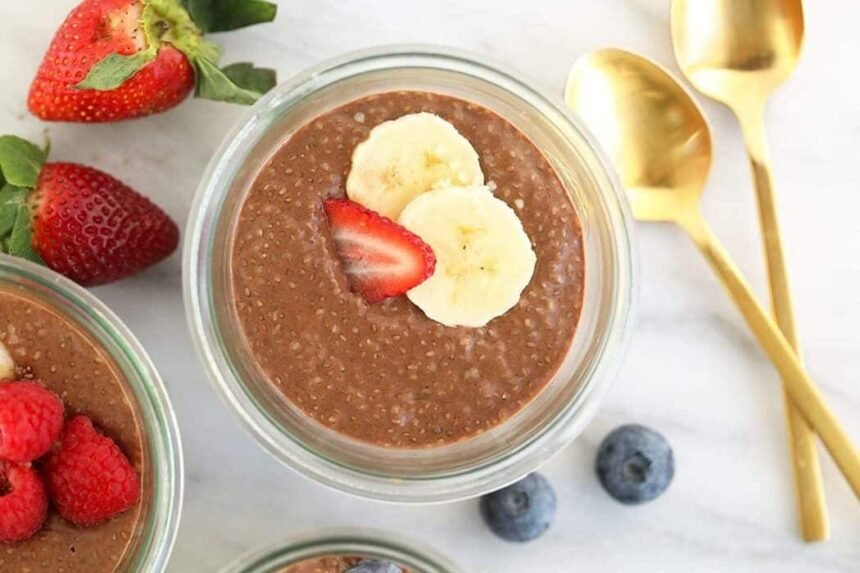 Chia protein pudding in a cup with toppings