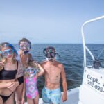 family with masks on a boat