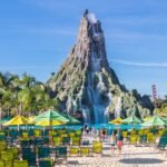volcano next to swimming pool at volcano bay
