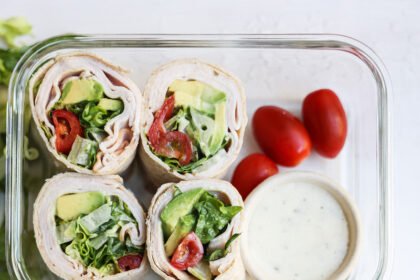 Turkey Avocado Wrap Lunch with tomato and lettuce in meal prep container
