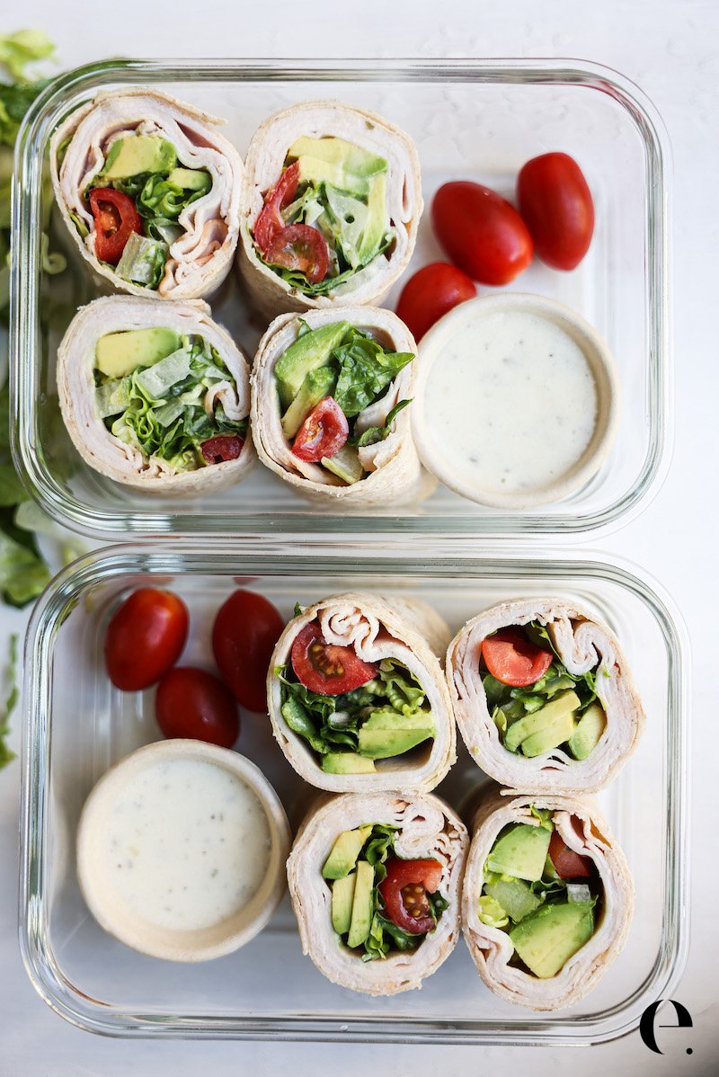 Turkey Avocado Wrap Lunch with tomato and lettuce in meal prep container