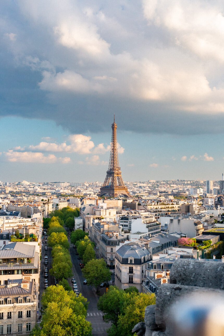 View of the Eiffel Tower from the Arc de Triomphe in winter light