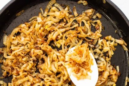Caramelized onions in a skillet pan.
