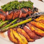 A plate of food with meat and vegetables