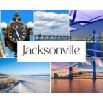 Collage of Jacksonville Florida travel highlights including the historic Hemming Park clock, Jacksonville Beach pier, downtown skyline at night, sandy Atlantic coastline, and Main Street Bridge at sunset.
