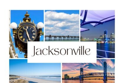 Collage of Jacksonville Florida travel highlights including the historic Hemming Park clock, Jacksonville Beach pier, downtown skyline at night, sandy Atlantic coastline, and Main Street Bridge at sunset.