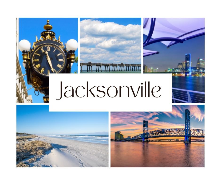 Collage of Jacksonville Florida travel highlights including the historic Hemming Park clock, Jacksonville Beach pier, downtown skyline at night, sandy Atlantic coastline, and Main Street Bridge at sunset.
