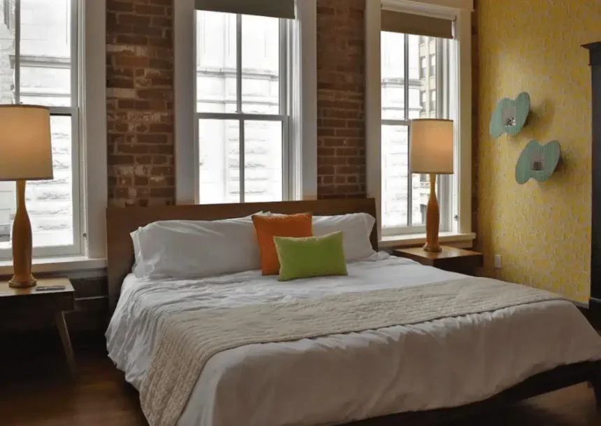 Stylish guest room at The Dwell Hotel in Chattanooga, TN featuring exposed brick, modern lamps, retro wallpaper, and a cozy king bed with colorful accent pillows. Review
