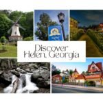 Collage of downtown Helen Georgia attractions including windmill, waterfalls, Bavarian architecture, and holiday lights.