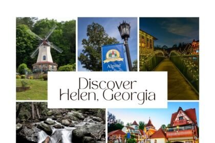 Collage of downtown Helen Georgia attractions including windmill, waterfalls, Bavarian architecture, and holiday lights.