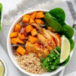 Peanut Chicken Rice Bowls with Roasted Sweet Potatoes