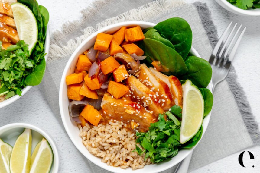 Peanut Chicken Rice Bowls with Roasted Sweet Potatoes