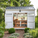 white garden shed with open doors