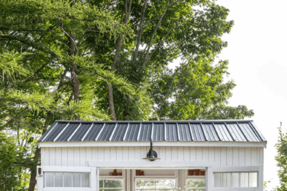 white garden shed with open doors