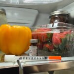 A syringe rests on the top shelf of a fridge.