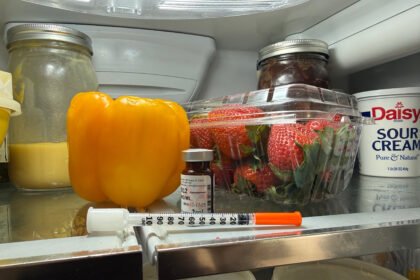 A syringe rests on the top shelf of a fridge.