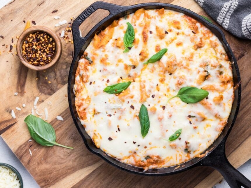 A cast iron skillet filled with baked cheesy pasta topped with melted cheese, fresh basil leaves, and sprinkled red pepper flakes. The skillet is on a wooden board with a small bowl of red pepper flakes and basil nearby.