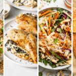 Four food dishes: a pasta salad with pine nuts, stuffed chicken breasts, a noodle salad with vegetables, and a baked salmon fillet topped with lemon slices and a crumb mixture.