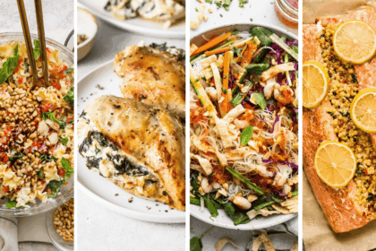 Four food dishes: a pasta salad with pine nuts, stuffed chicken breasts, a noodle salad with vegetables, and a baked salmon fillet topped with lemon slices and a crumb mixture.
