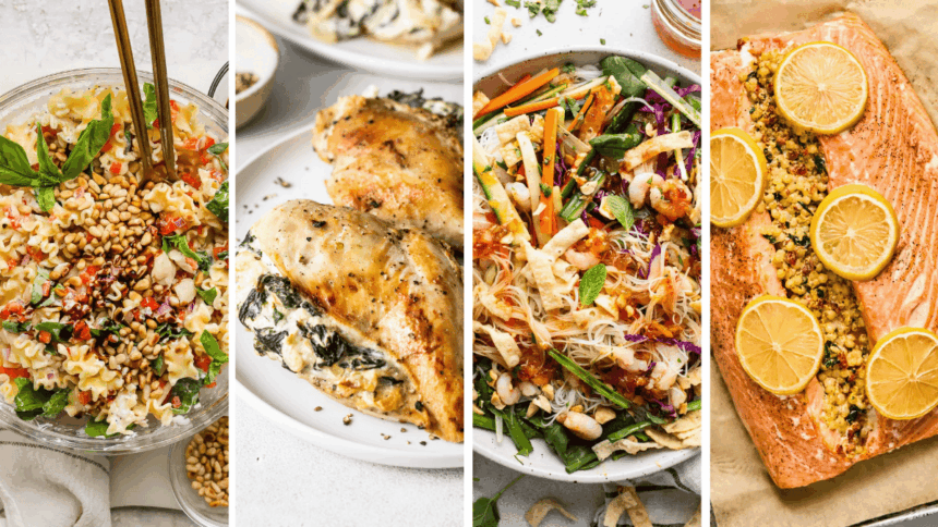 Four food dishes: a pasta salad with pine nuts, stuffed chicken breasts, a noodle salad with vegetables, and a baked salmon fillet topped with lemon slices and a crumb mixture.