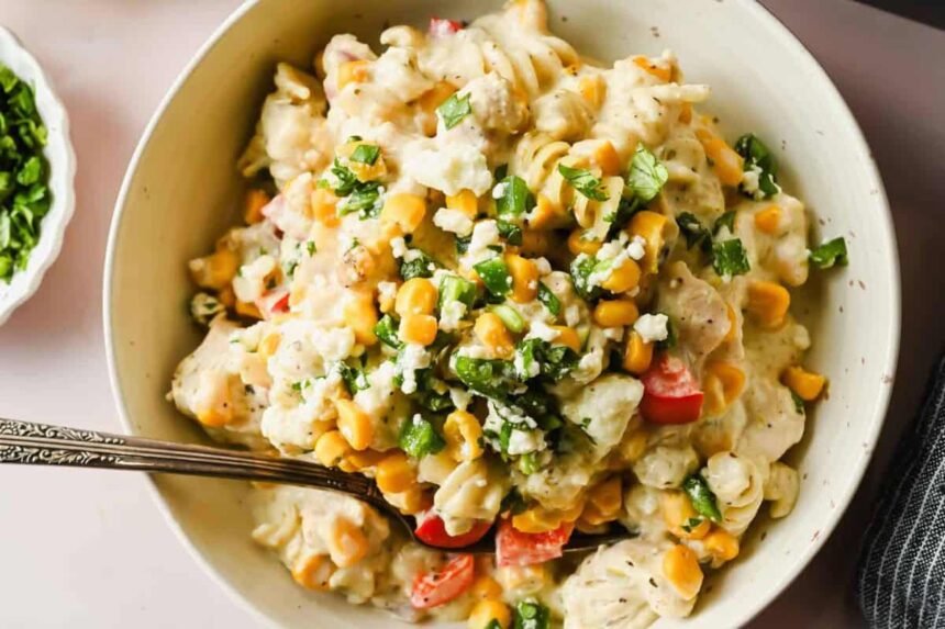 Bowl of pasta salad with corn, chopped red bell peppers, crumbled cheese, and fresh herbs, served with a fork.