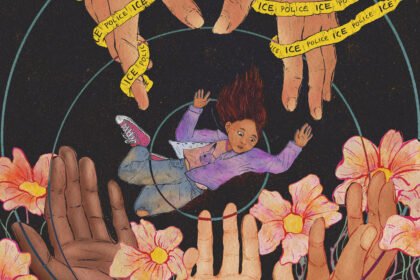 A hand-drawn illustration that shows two hands, wrapped with caution tape that says "ICE," reluctantly letting go of a young child. The child is falling in the center of the image, but a garden of hands are ready to soften their fall below.