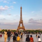 Eiffel Tower in Paris at sunset with golden light