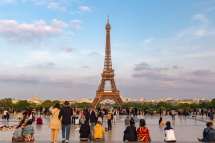 Eiffel Tower in Paris at sunset with golden light