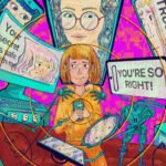 A hand drawn illustration of a young person holding their cell phone to their chest surrounded by robotic AI therapists, which are trying to get her to take a seat on a recliner couch. Text on their screens says, "TRUST ME!" "YOU'RE SO RIGHT!" "You can trust me!" and "Exactly."