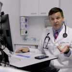 A male doctor in a white coak speaks to someone out of frame.