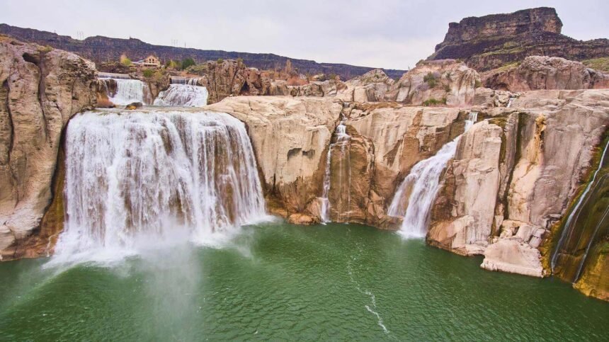 double waterfall of Shoshone falls cascading into a pool