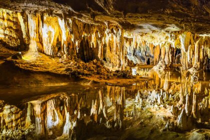 cavern with water and stalagmites and stalagtites