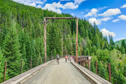 bikers on bridge on Route of the Hiawatha Trail