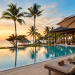Luxury beachfront resort at The Apurva Kempinski Bali featuring a large pool, palm trees and oceanfront setting