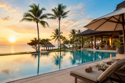 Luxury beachfront resort at The Apurva Kempinski Bali featuring a large pool, palm trees and oceanfront setting