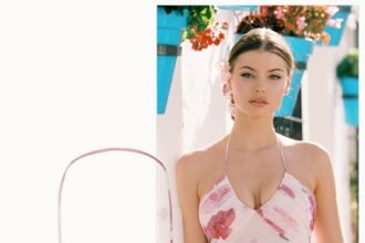 Detail of the Vivienne Dress halter neckline and ruched bodice.