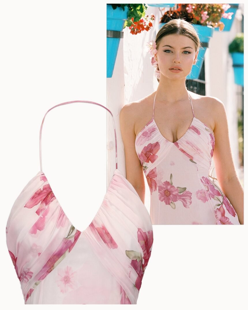 Detail of the Vivienne Dress halter neckline and ruched bodice.