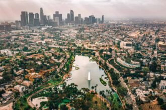 Echo Park in Los Angeles with View of Downtown Skyline
